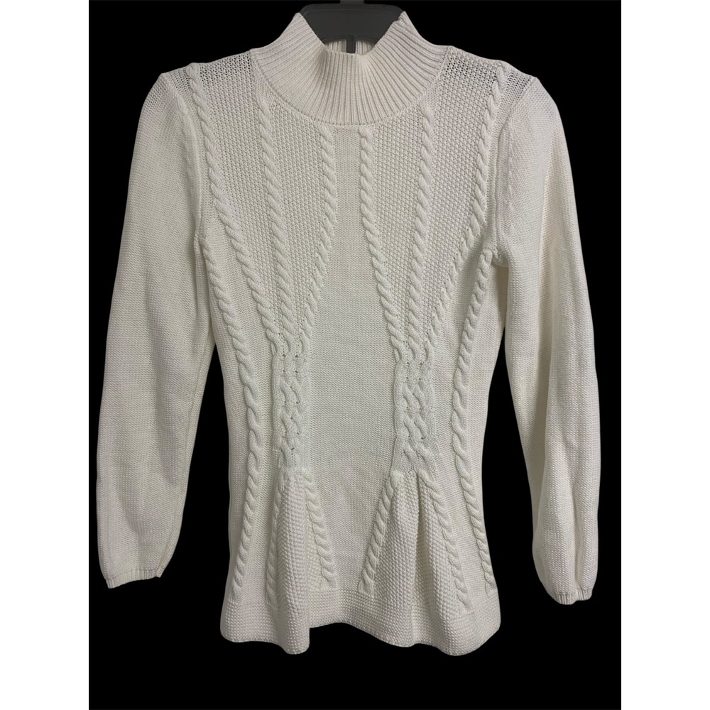 Anthropologie‎ Cupio White Cable Knit Mock Neck Sweater Cotton Feminine Small